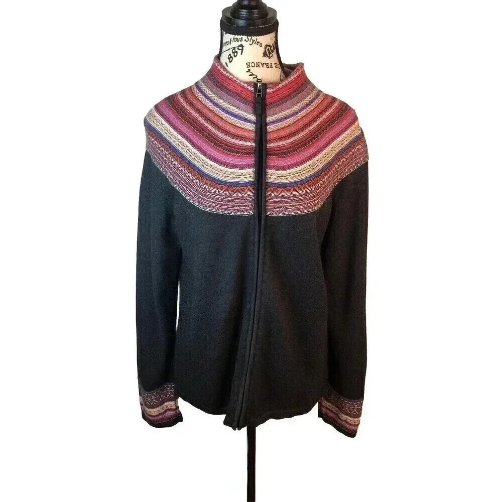Liz Claiborne XL Gray Angora Blend Fair Isle Sweater Zip Front